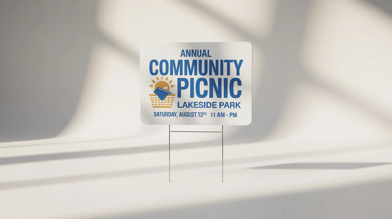 A modern yard sign mockup for an 'Annual Community Picnic' at 'Lakeside Park' on a Saturday, displayed against a clean white background.