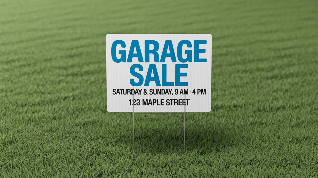 A mockup of a professionally printed yard sign advertising a 'GARAGE SALE' with date and address details, presented against a clean white background.