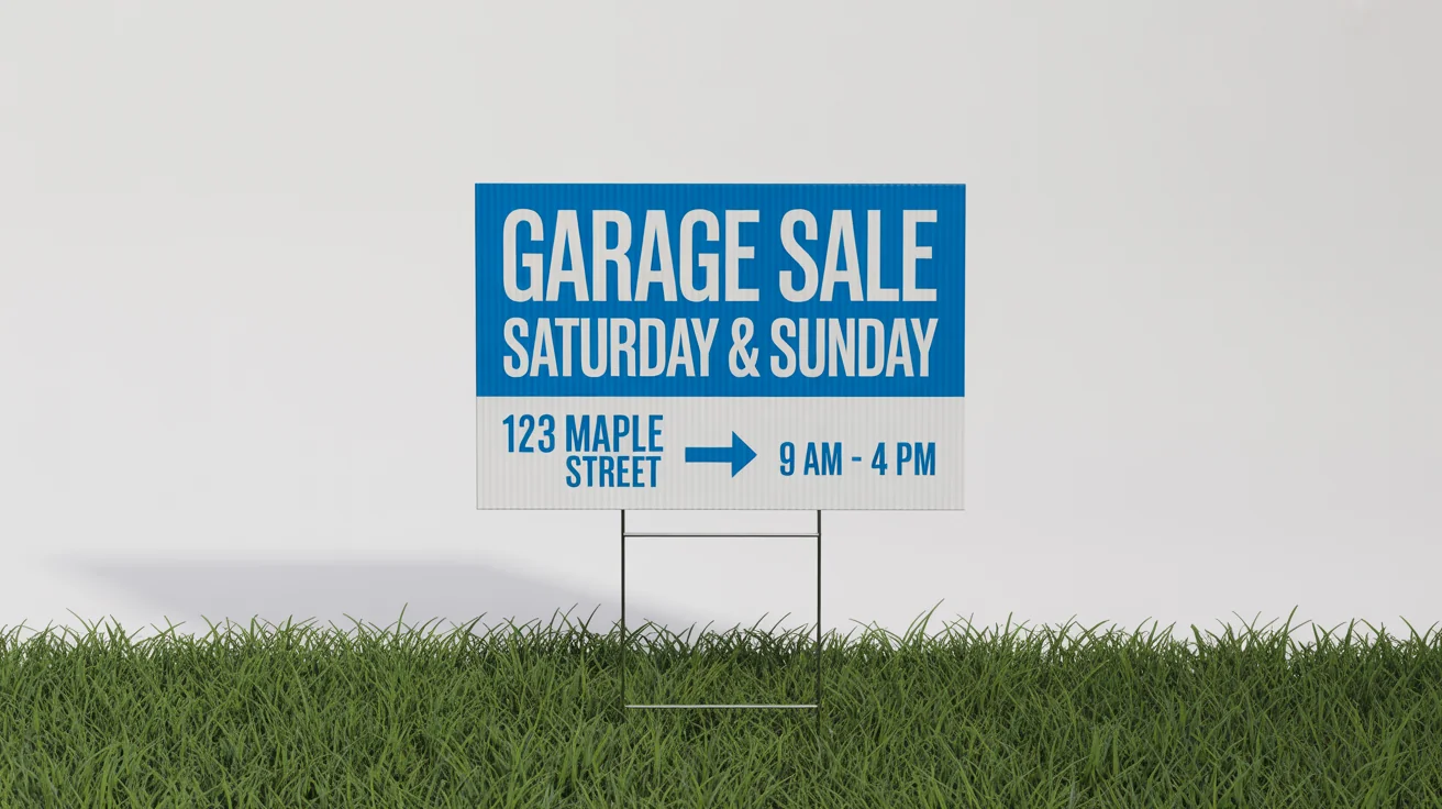 A professional mockup of a blue and white garage sale yard sign, staked into a patch of green grass, set against a plain white background.