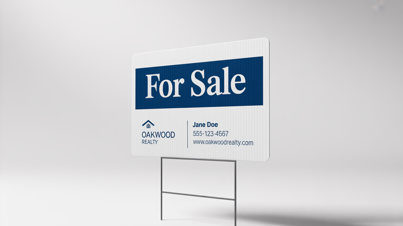 A photorealistic mockup of a rectangular real estate yard sign with 'FOR SALE' printed in white on a navy blue banner, for a fictional company called 'Oakwood Realty', on a solid white background.