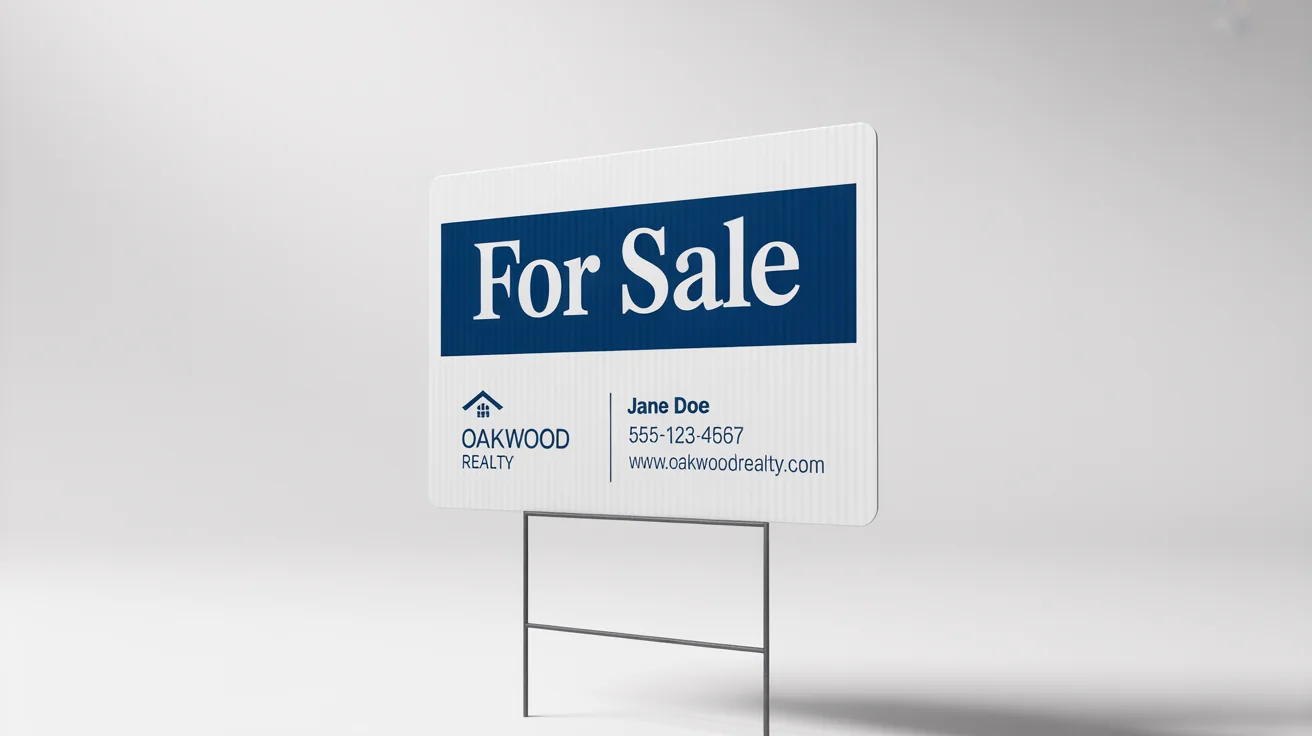 A photorealistic mockup of a rectangular real estate yard sign with 'FOR SALE' printed in white on a navy blue banner, for a fictional company called 'Oakwood Realty', on a solid white background.