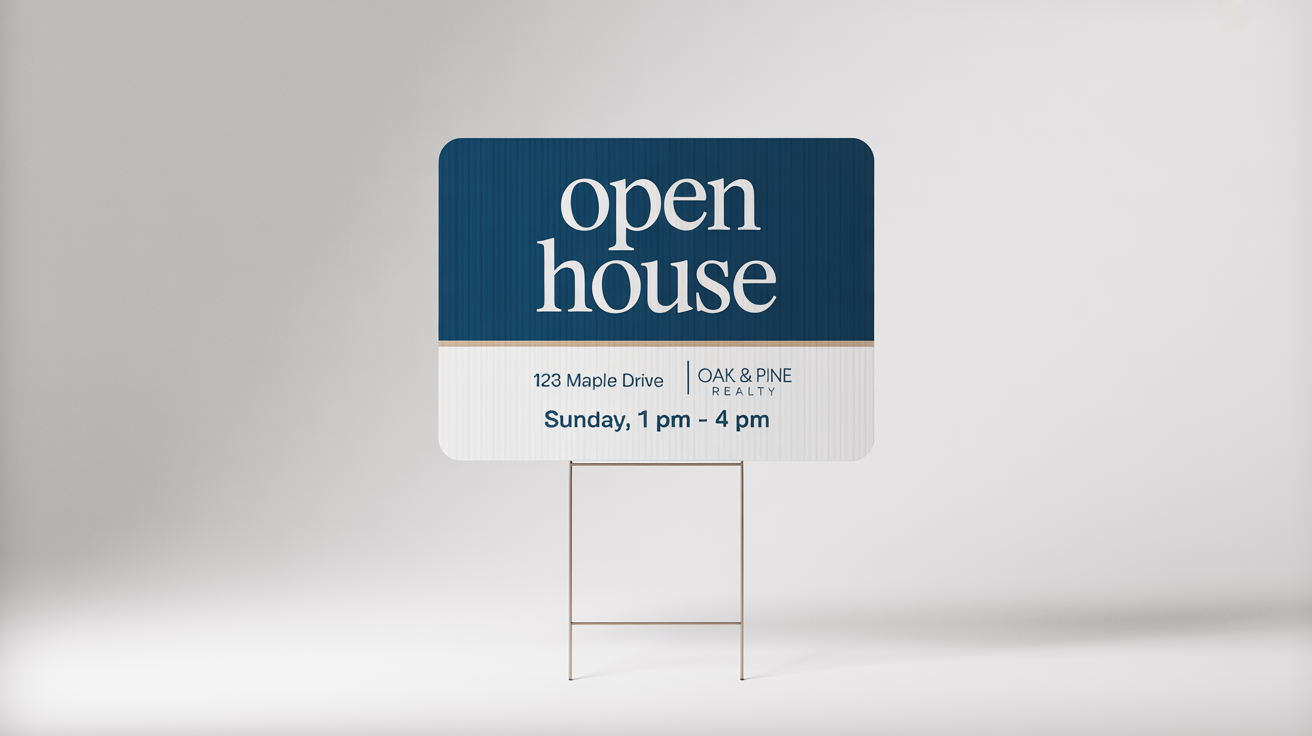 A professional real estate open house yard sign mockup, featuring the words 'OPEN HOUSE' and a fictional address, set against a plain white background.