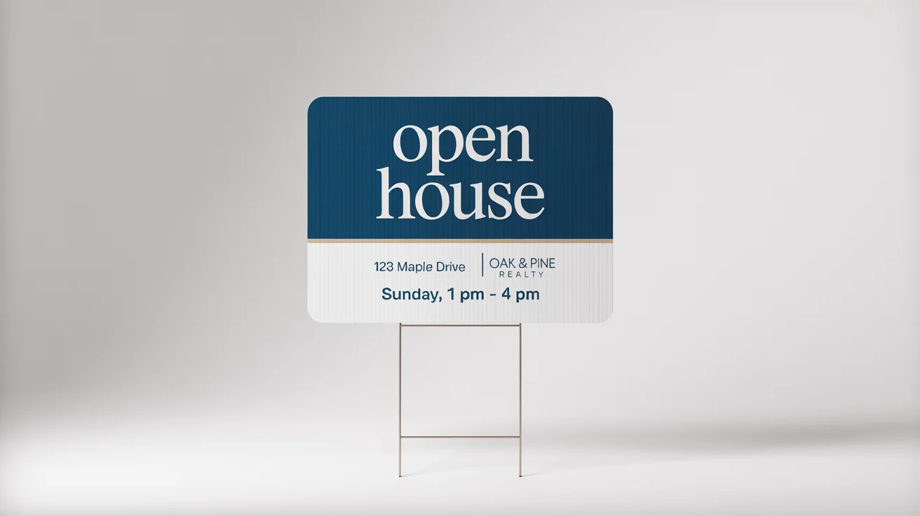 A professional real estate open house yard sign mockup, featuring the words 'OPEN HOUSE' and a fictional address, set against a plain white background.