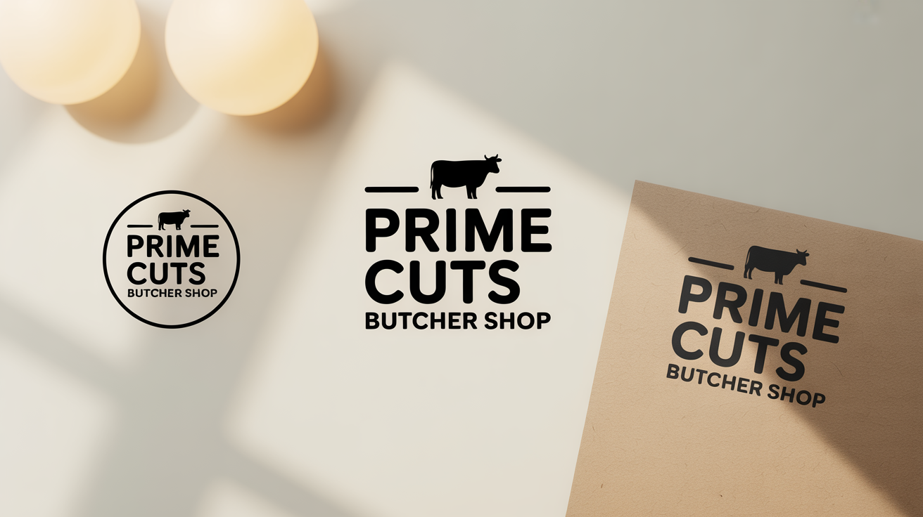 A professional branding kit for a meat shop called 'Prime Cuts Butcher Shop', showing the logo in different formats and mocked up on butcher paper against a clean background.