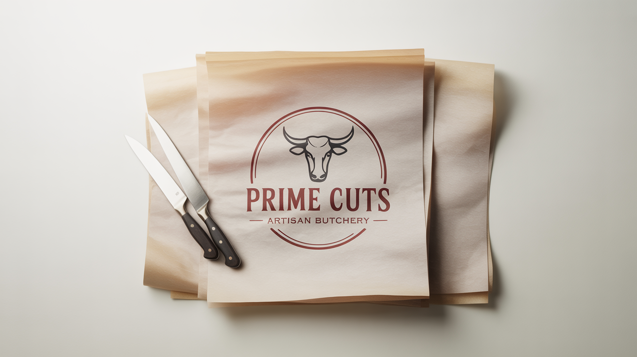 A professional logo for a meat shop named 'Prime Cuts Artisan Butchery', featuring a stylized bull's head, mocked up on a sheet of white butcher paper against a white background.
