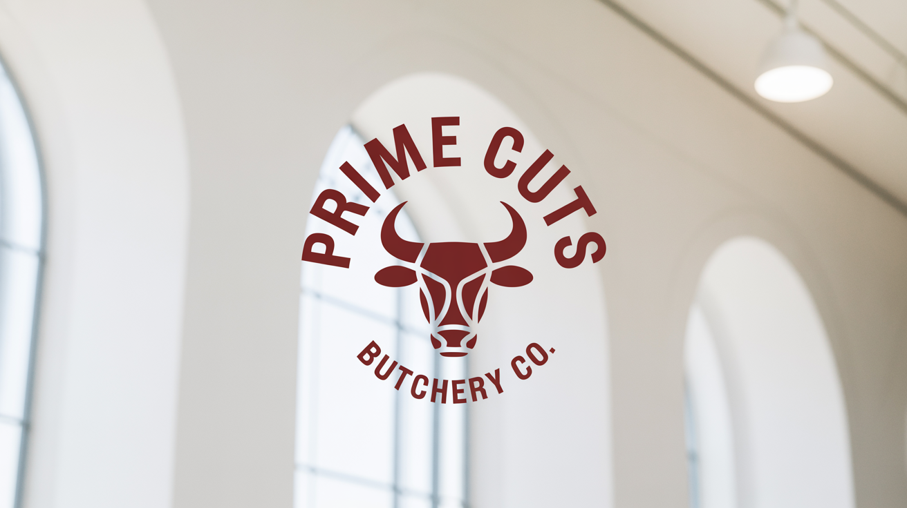 A modern, circular logo for 'Prime Cuts Butchery Co.' in deep crimson red, featuring a stylized bull's head on a white background.