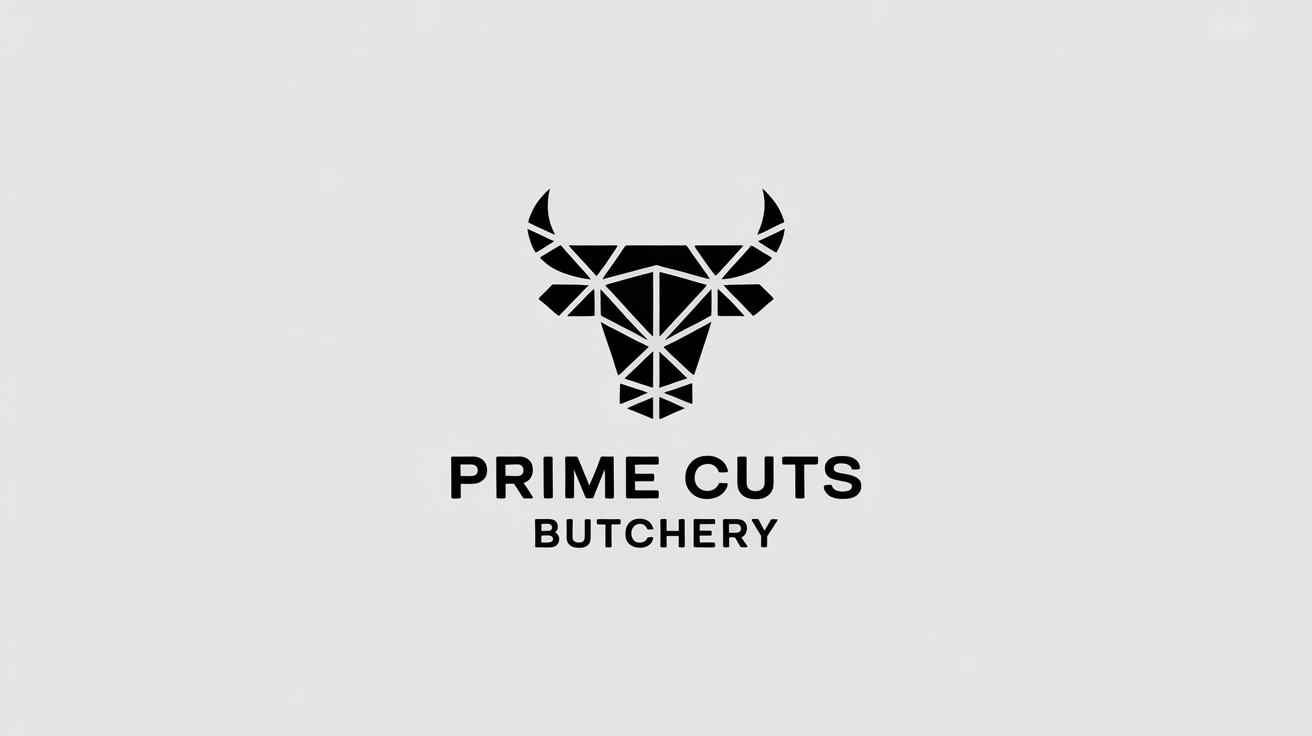 A minimalist black and white logo for 'Prime Cuts Butchery', featuring a stylized bull silhouette on a clean white background.