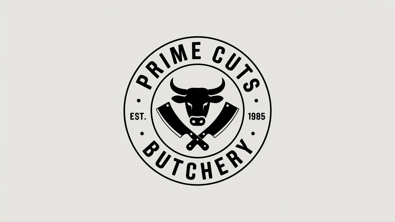 A professional logo for 'Prime Cuts Butchery' featuring a black silhouette of a bull's head and crossed cleavers inside a circular emblem, set against a white background.