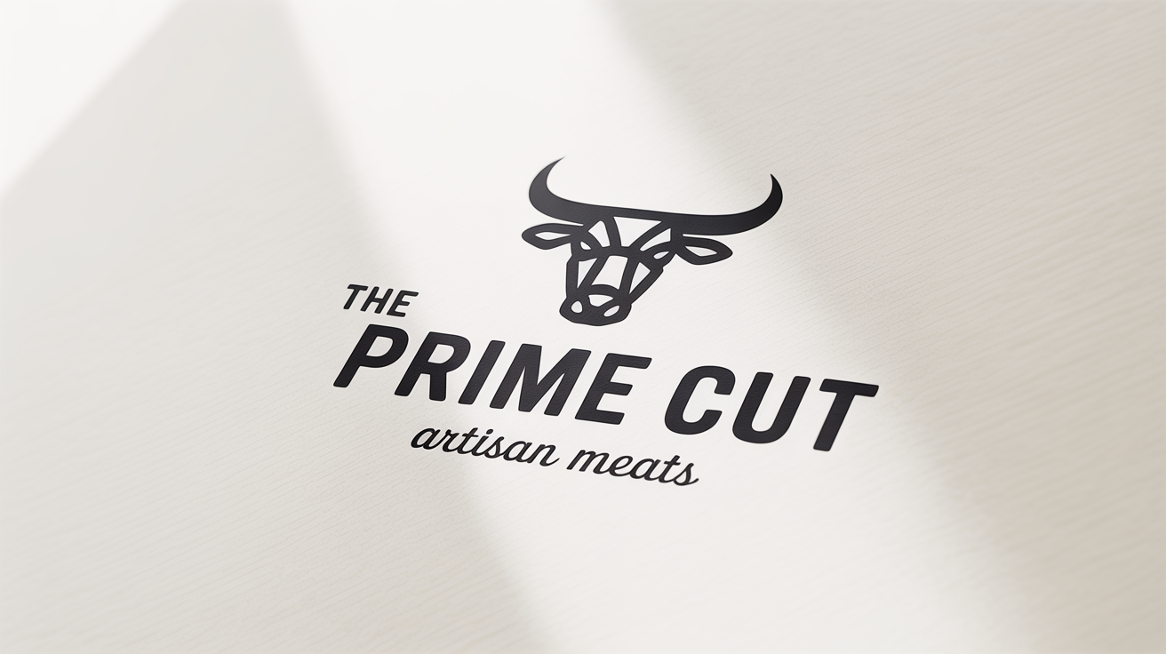A modern logo for an artisan meat shop named 'The Prime Cut', featuring a minimalist bull's head icon and clean typography against a white background.