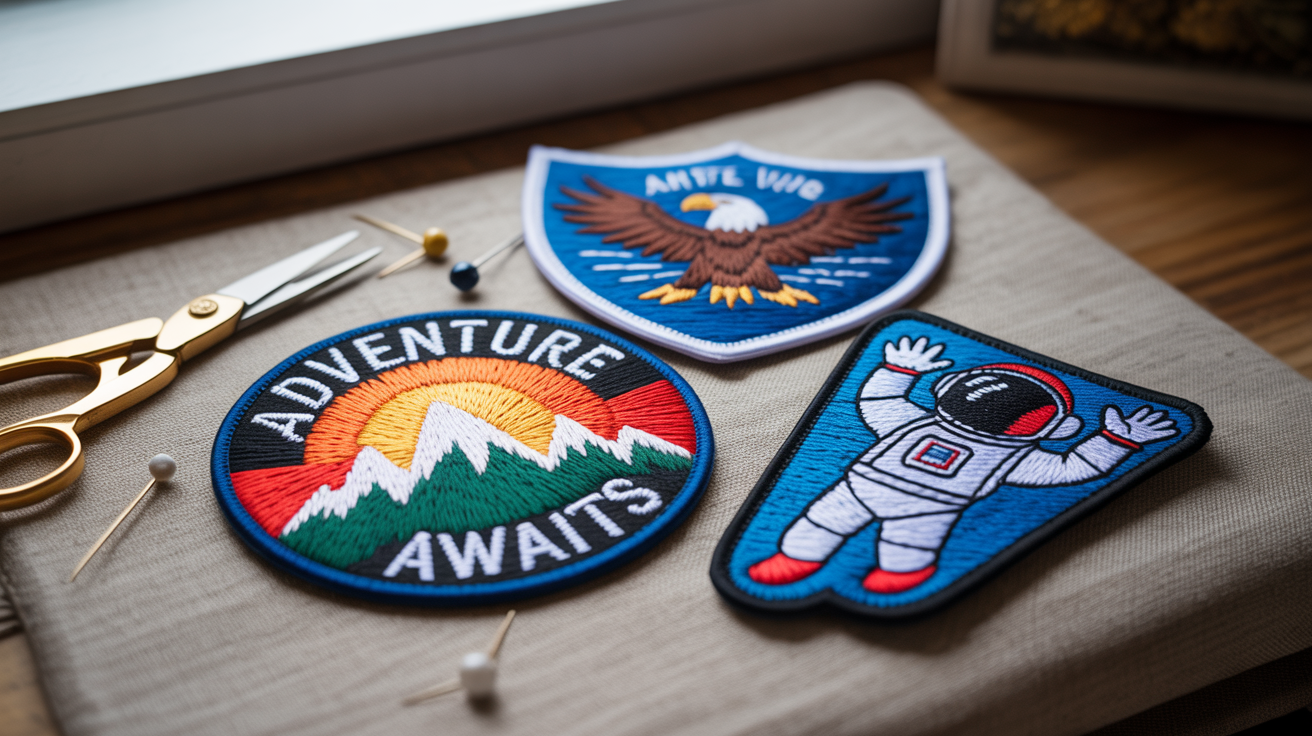 A collection of colorful, custom-designed embroidered patches arranged in a flat lay, showcasing various designs including a mountain scene, an eagle, and an astronaut.