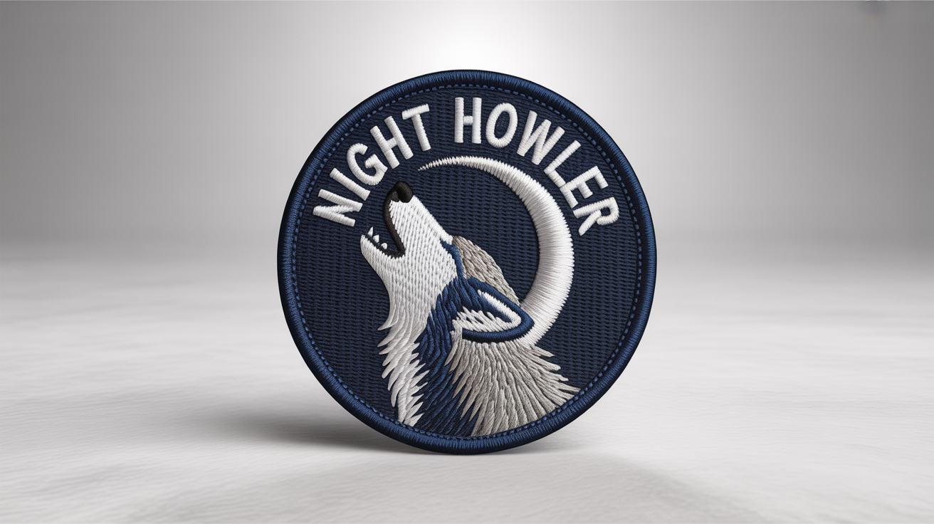 A photorealistic mockup of a circular embroidered patch featuring a detailed wolf howling at a crescent moon, with the text 'NIGHT HOWLER' embroidered above, all on a clean white background.