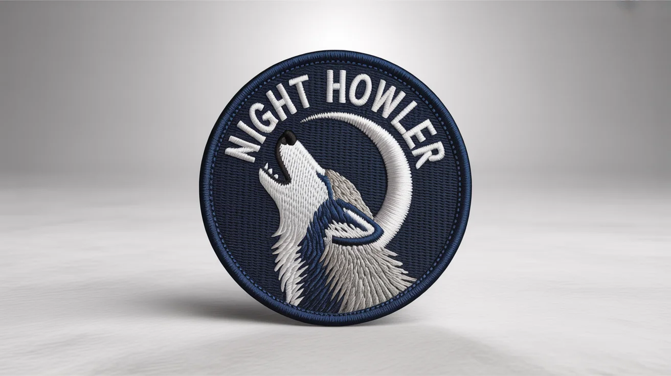 A photorealistic mockup of a circular embroidered patch featuring a detailed wolf howling at a crescent moon, with the text 'NIGHT HOWLER' embroidered above, all on a clean white background.