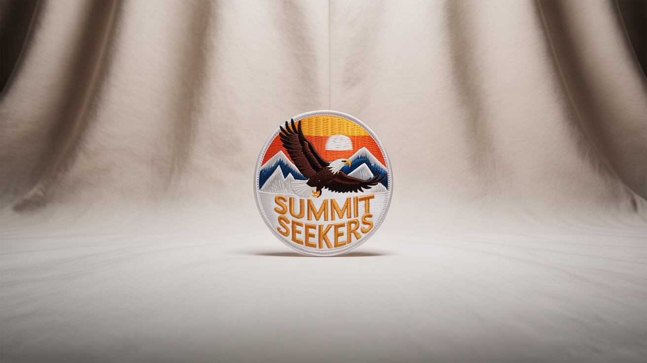 A detailed, photorealistic mockup of a circular embroidered patch featuring a bald eagle, mountains, and the words 'Summit Seekers' on a clean white background.
