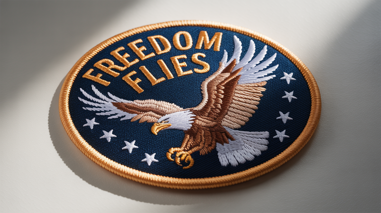 A photorealistic mockup of a circular, navy blue embroidered patch featuring a soaring eagle and the words 'FREEDOM FLIES' in gold thread, set against a plain white background.