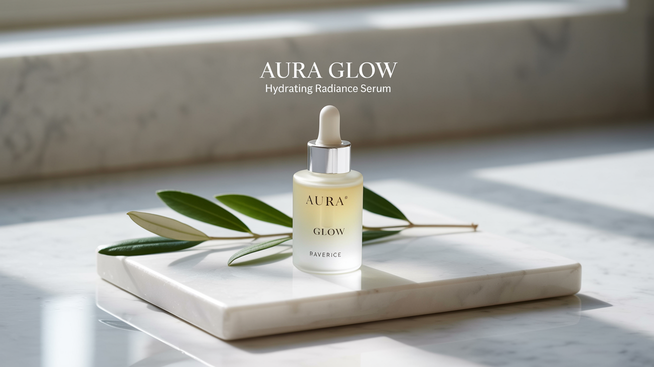 A finished cosmetic brand mockup showing a promotional banner. The banner features a photo of a frosted glass serum bottle on a marble surface, with elegant text reading 'AURA GLOW' and 'Hydrating Radiance Serum'.