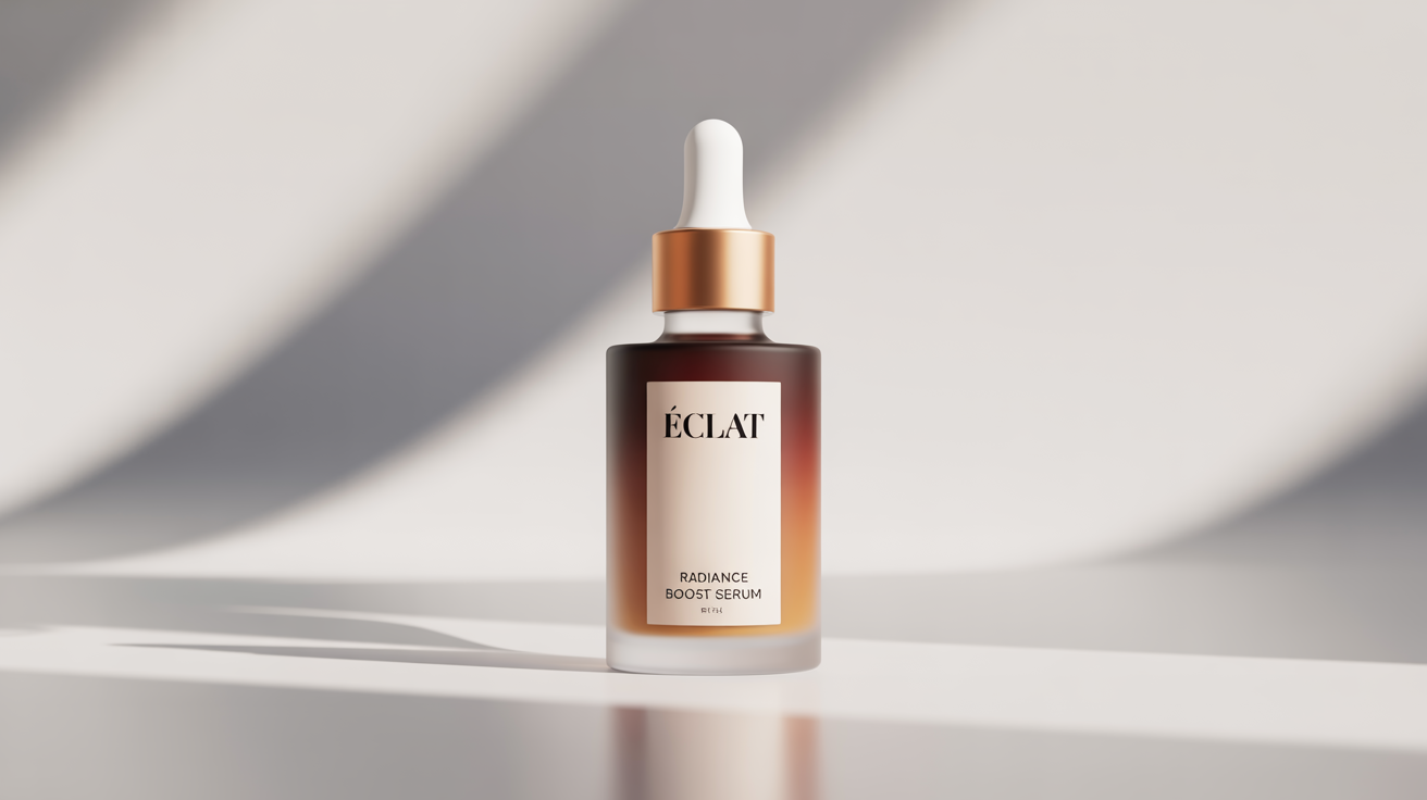 A professional mockup of a single frosted glass serum bottle with a gold dropper, featuring a minimalist label with the text 'ECLAT Radiance Boost Serum' on a clean white background.