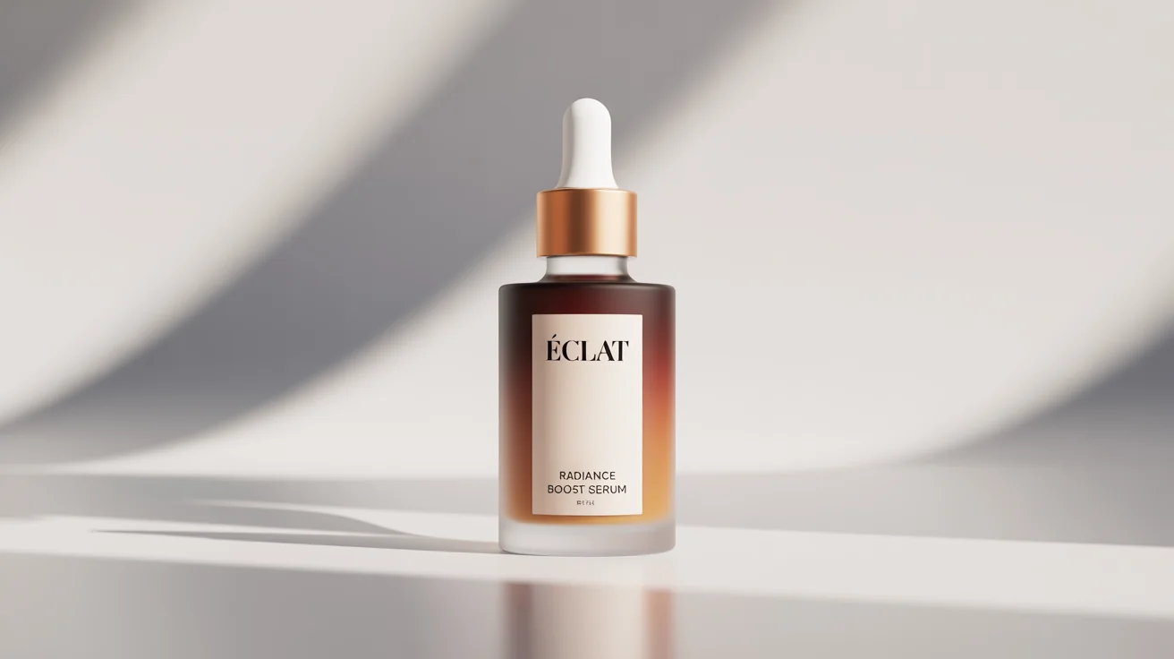 A professional mockup of a single frosted glass serum bottle with a gold dropper, featuring a minimalist label with the text 'ECLAT Radiance Boost Serum' on a clean white background.