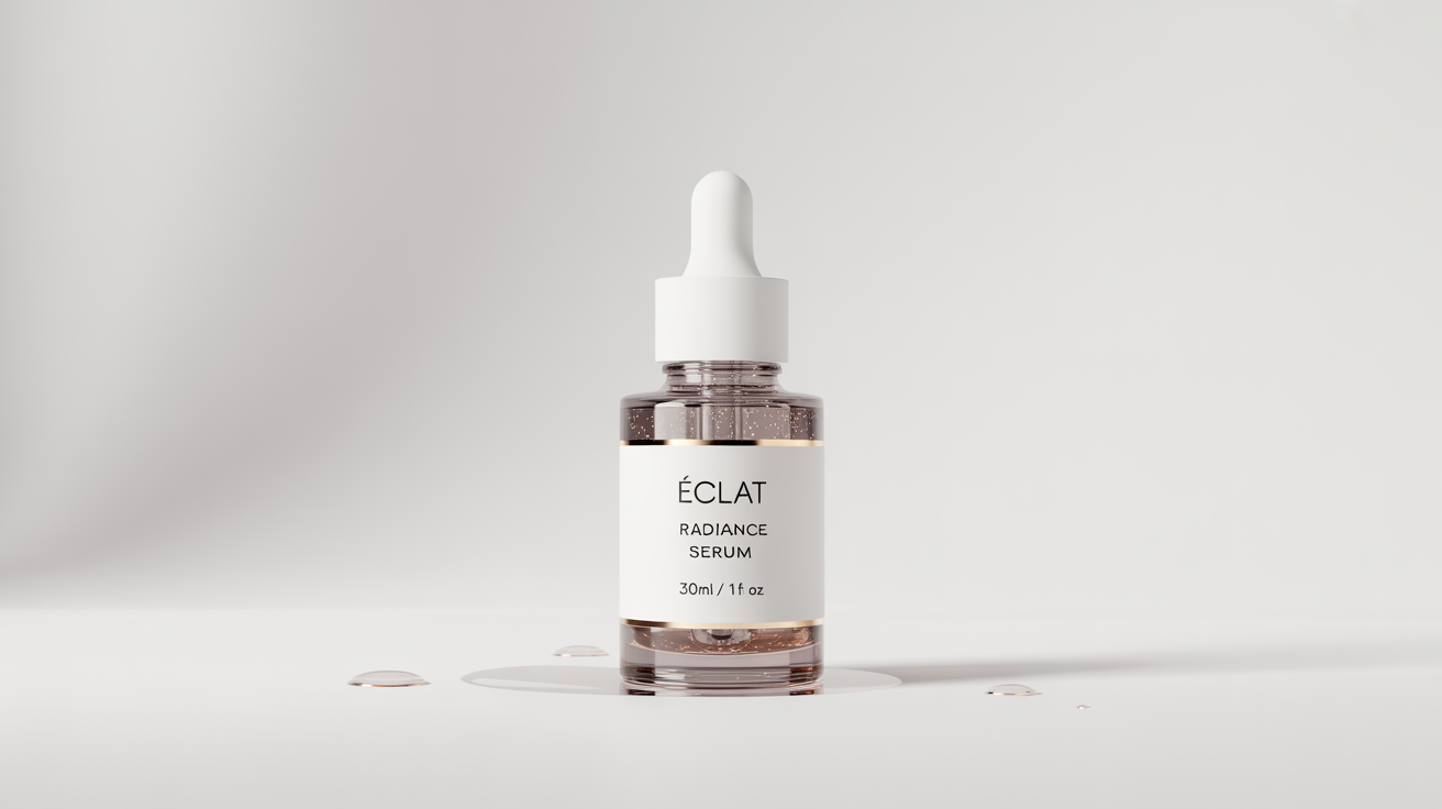 A photorealistic mockup of a luxurious clear glass serum bottle with a white dropper, featuring a clean white label with the text 'ÉCLAT Radiance Serum', set against a plain white background.