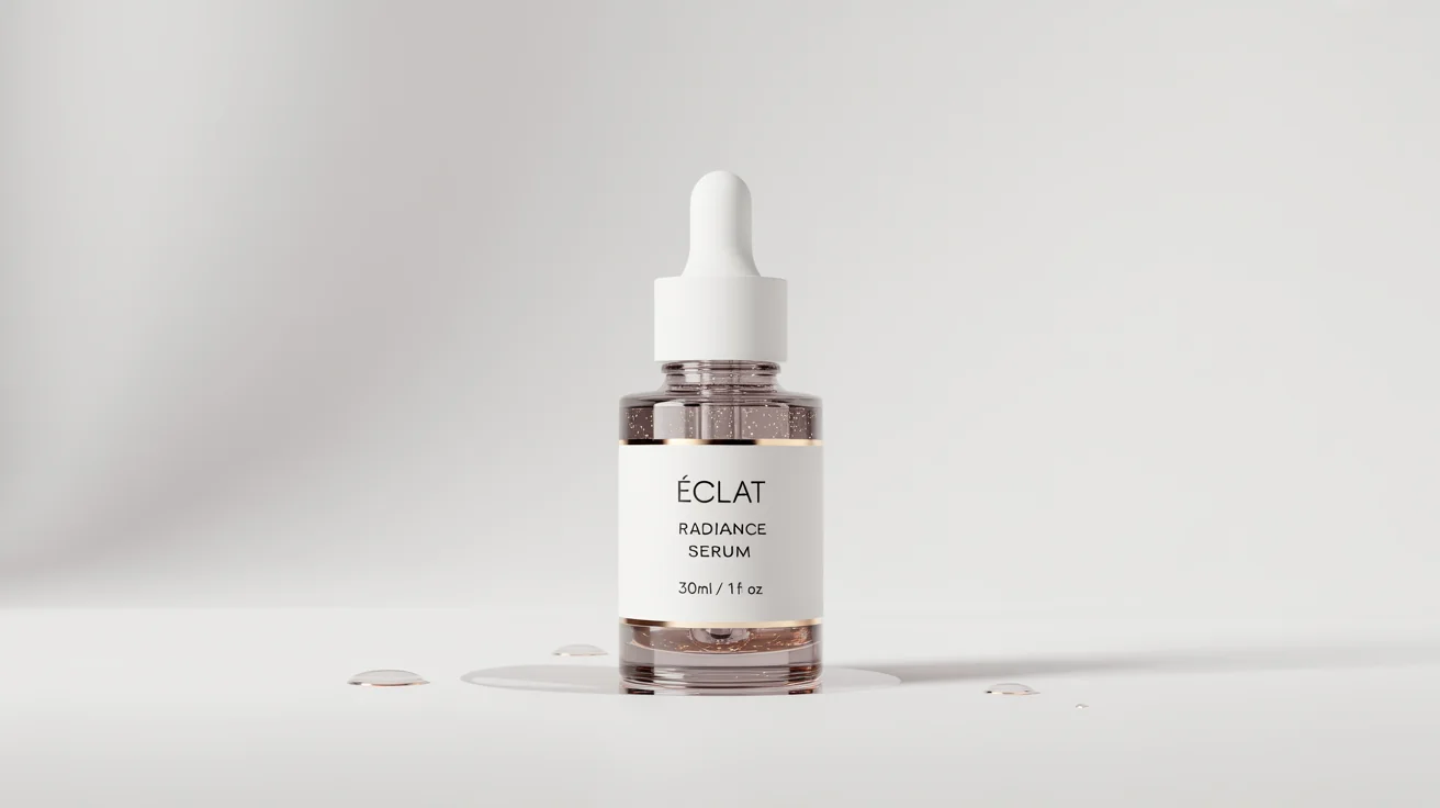 A photorealistic mockup of a luxurious clear glass serum bottle with a white dropper, featuring a clean white label with the text 'ÉCLAT Radiance Serum', set against a plain white background.