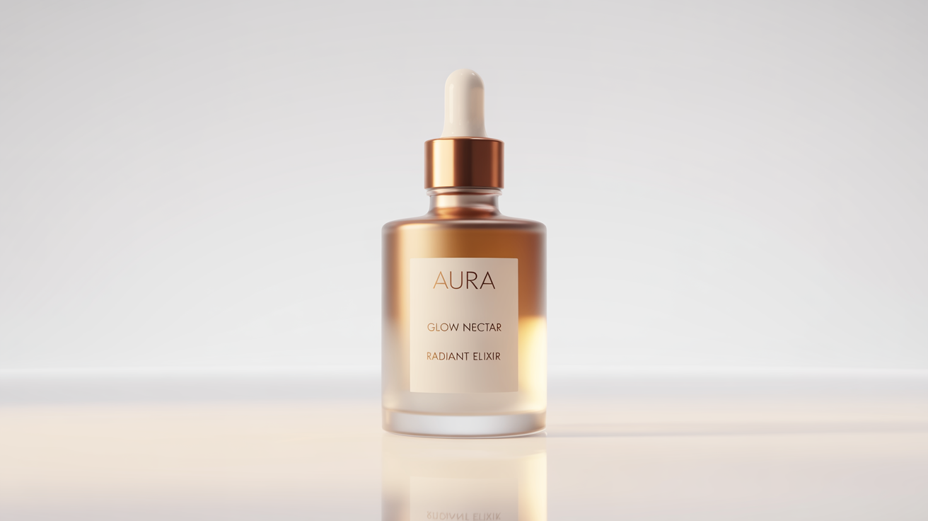 A photorealistic mockup of a luxurious frosted glass serum bottle with a rose gold dropper lid, set against a plain white background. The label reads 'AURA Glow Nectar Radiant Elixir'.