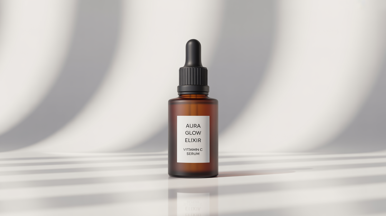 A photorealistic mockup of a frosted amber glass serum bottle with a black dropper, featuring a minimalist white label that reads 'AURA Glow Elixir', set against a clean white background.