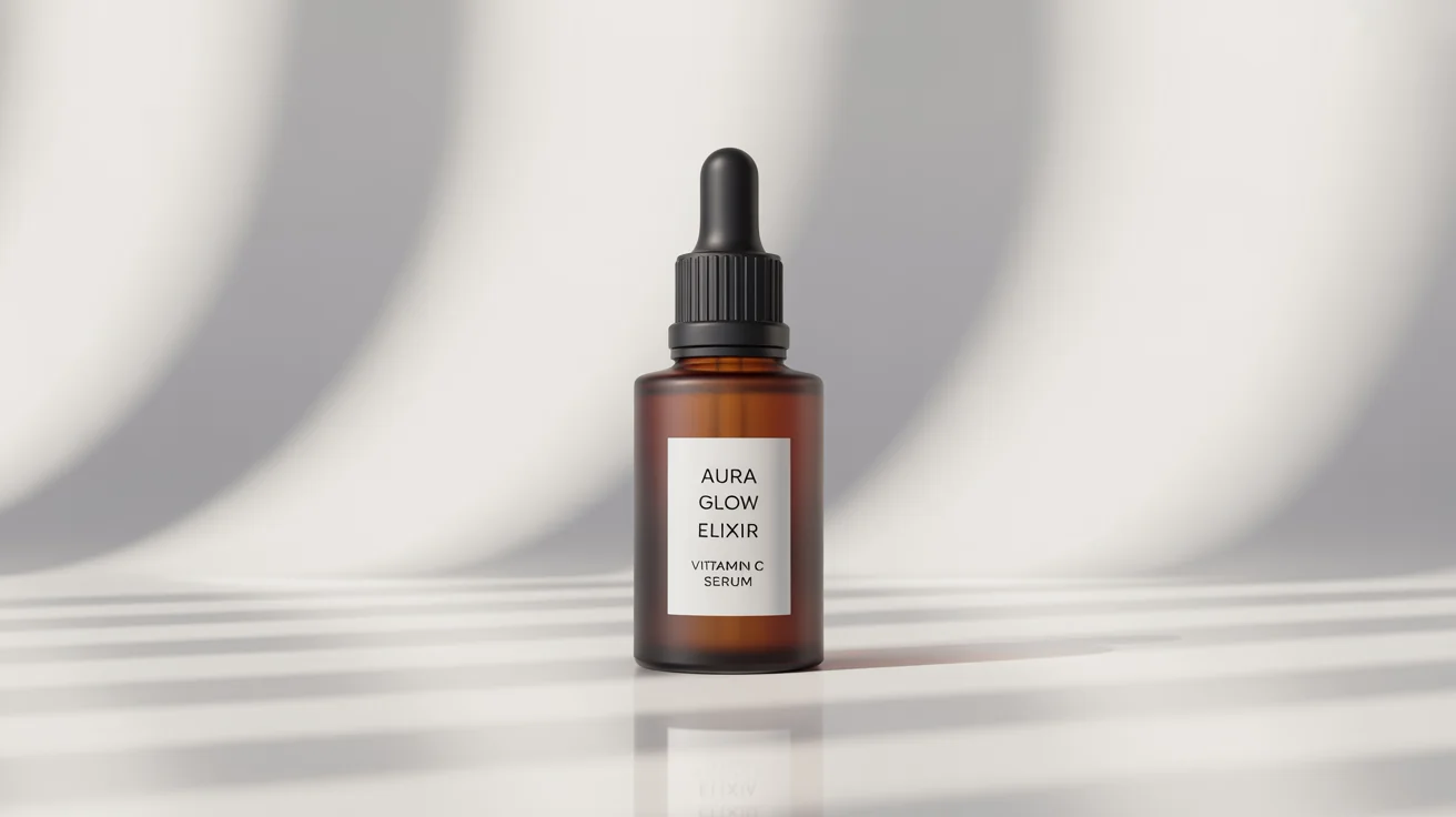 A photorealistic mockup of a frosted amber glass serum bottle with a black dropper, featuring a minimalist white label that reads 'AURA Glow Elixir', set against a clean white background.