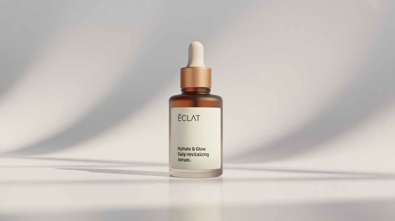 A professional mockup of a luxurious, frosted glass serum bottle with a gold dropper, set against a clean white background. The label reads 'ECLAT HYDRATE & GLOW'.