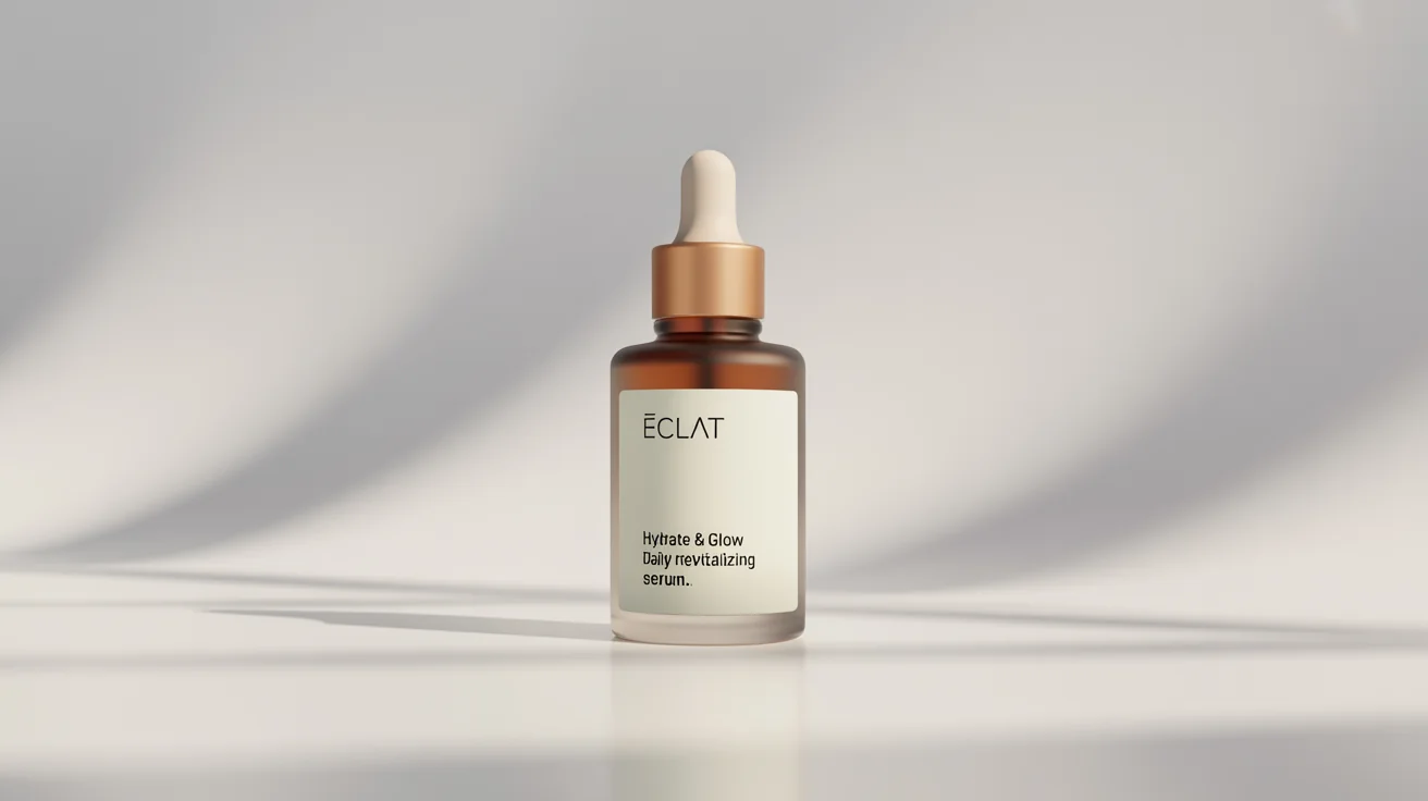 A professional mockup of a luxurious, frosted glass serum bottle with a gold dropper, set against a clean white background. The label reads 'ECLAT HYDRATE & GLOW'.