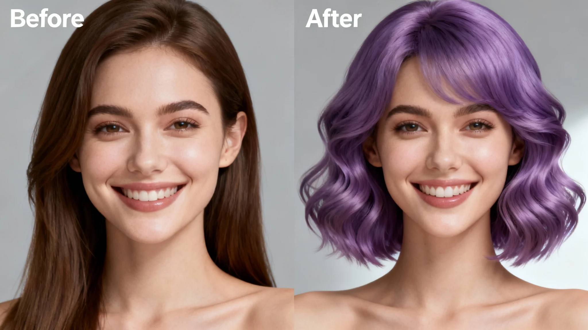 A before-and-after comparison image for a virtual hairstyle tool. On the left, a woman has long brown hair. On the right, the same woman is shown with a new, stylish lavender purple wavy bob hairstyle.