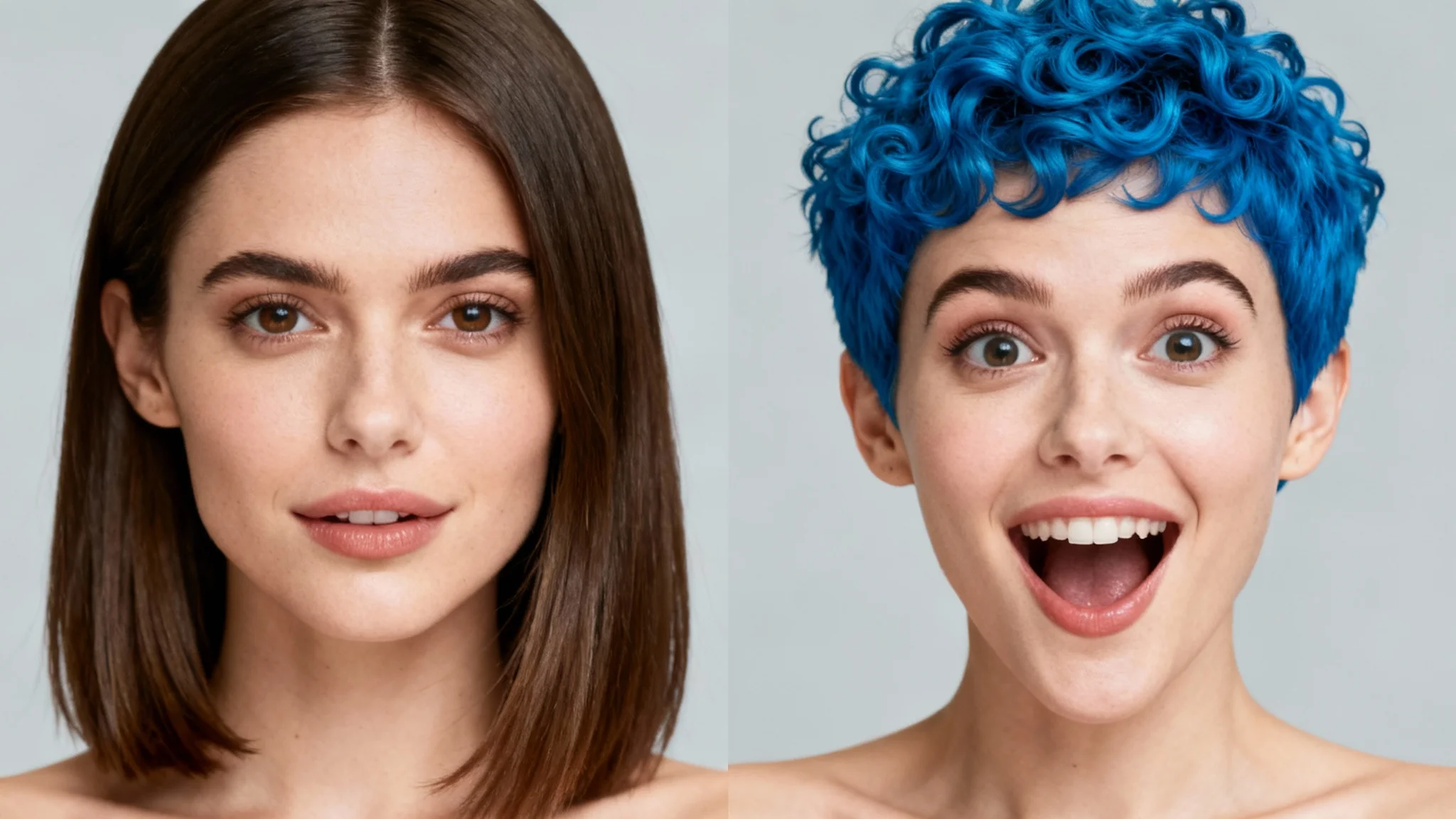 A woman showcasing a virtual hairstyle try-on with a split-screen effect; one side shows her natural brown hair, and the other shows a vibrant blue pixie cut.