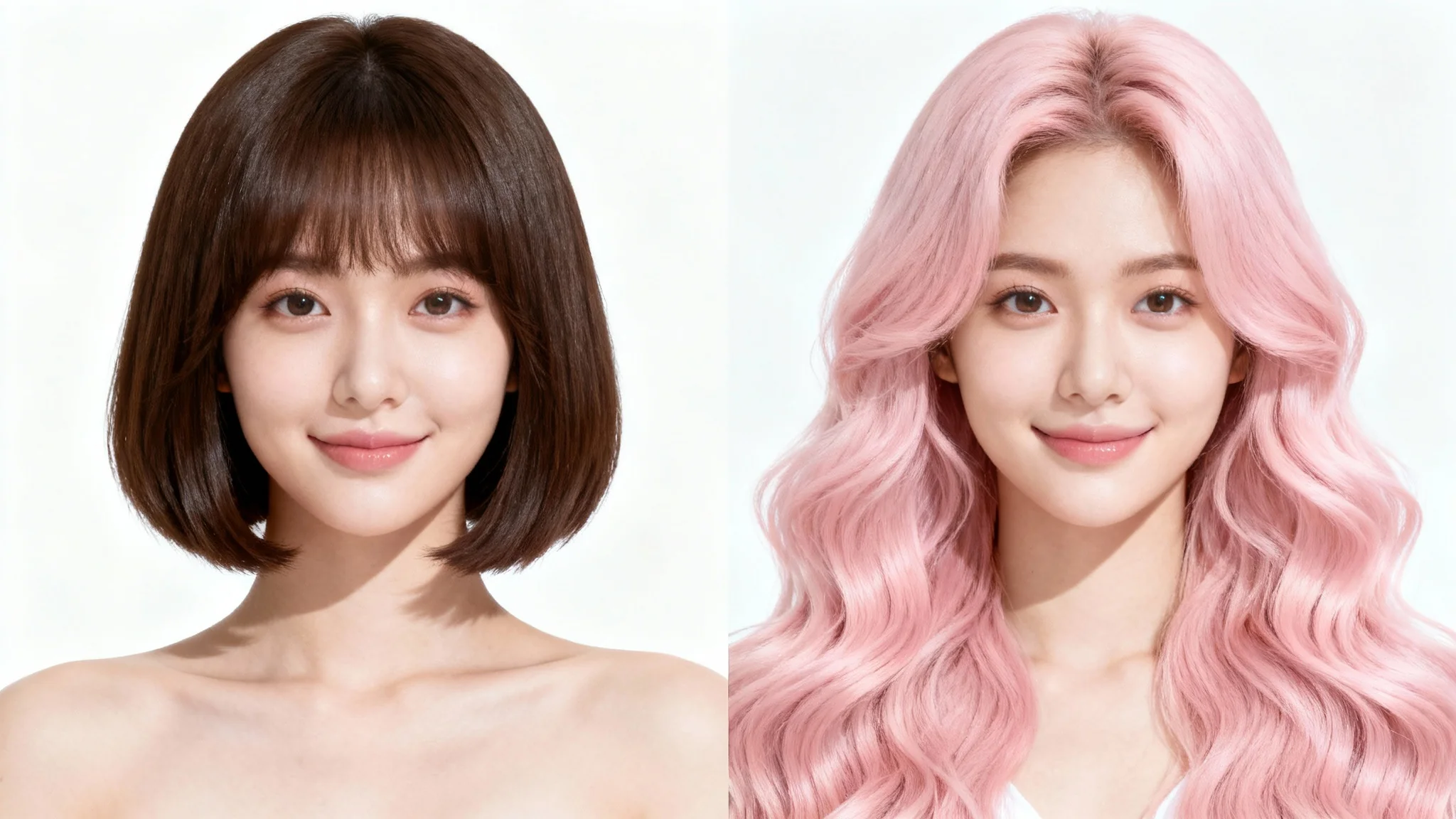 A split-screen image showing a woman trying a virtual hairstyle; on the left, she has a dark brown bob, and on the right, she has long, wavy pastel pink hair.