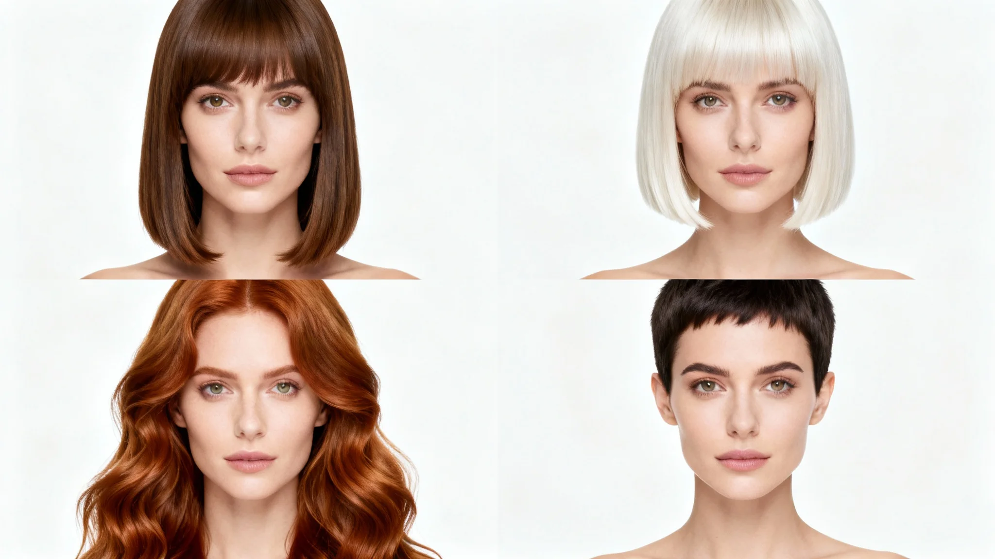 A four-panel image demonstrating a virtual hairstyle feature, showing the same woman with four distinct hairstyles: straight brown, a blonde bob, long wavy auburn, and a dark pixie cut.