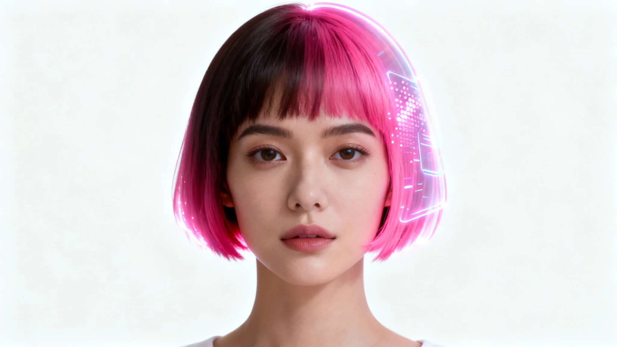 A woman's headshot with a futuristic, glowing pink pixie cut hairstyle digitally projected over her natural hair, against a plain white background, illustrating a virtual hairstyle app.