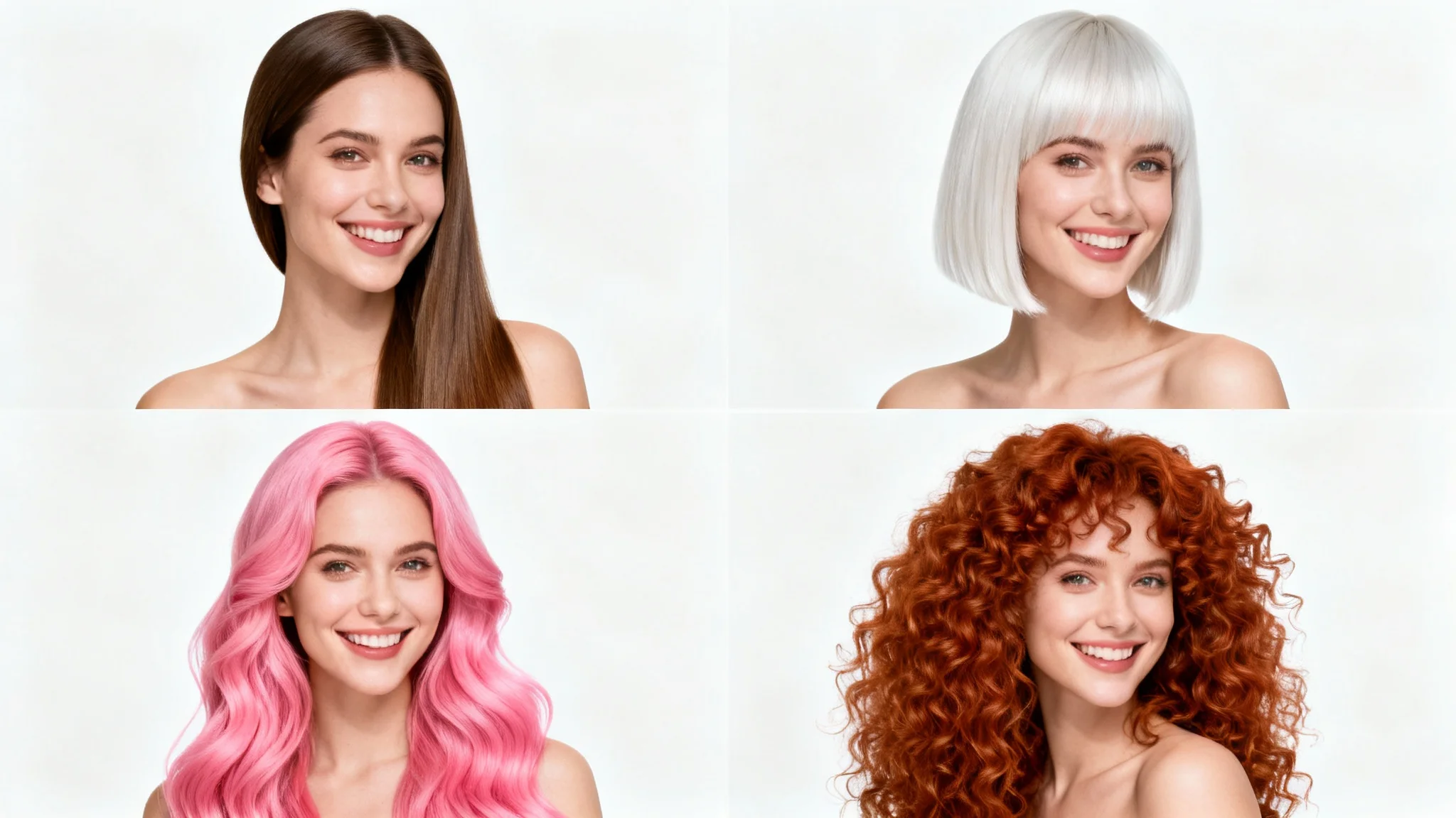 A four-panel grid showing a woman trying on four different virtual hairstyles: long brunette, short blonde bob, long wavy pink, and curly auburn, all against a clean white background.