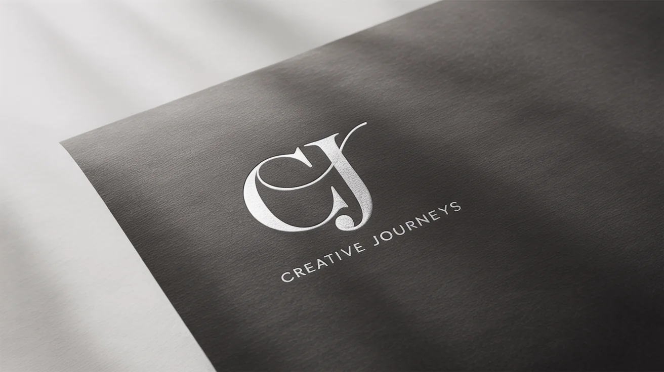 A close-up mockup of an elegant initial logo featuring the letters 'CJ' in silver foil on premium textured charcoal paper, with the text 'Creative Journeys' printed underneath.