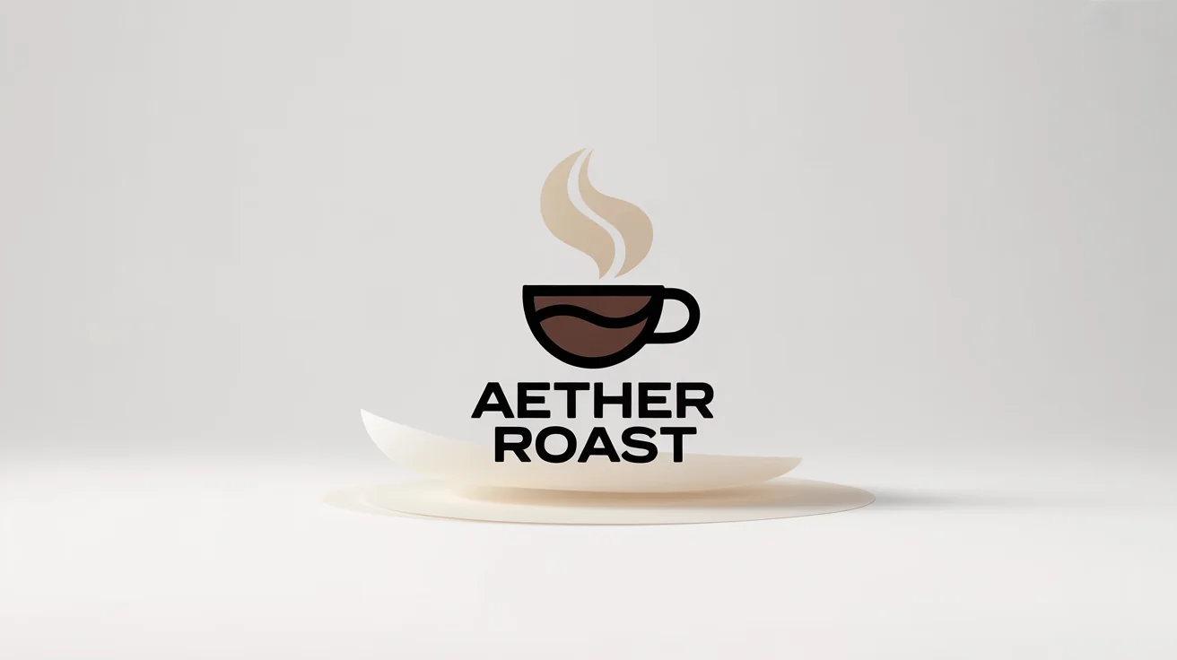 A minimalist logo mockup for a coffee brand named 'Aether Roast' on a white background. The logo features a dark brown coffee bean with a beige wisp of steam, with the brand name in a modern sans-serif font below.