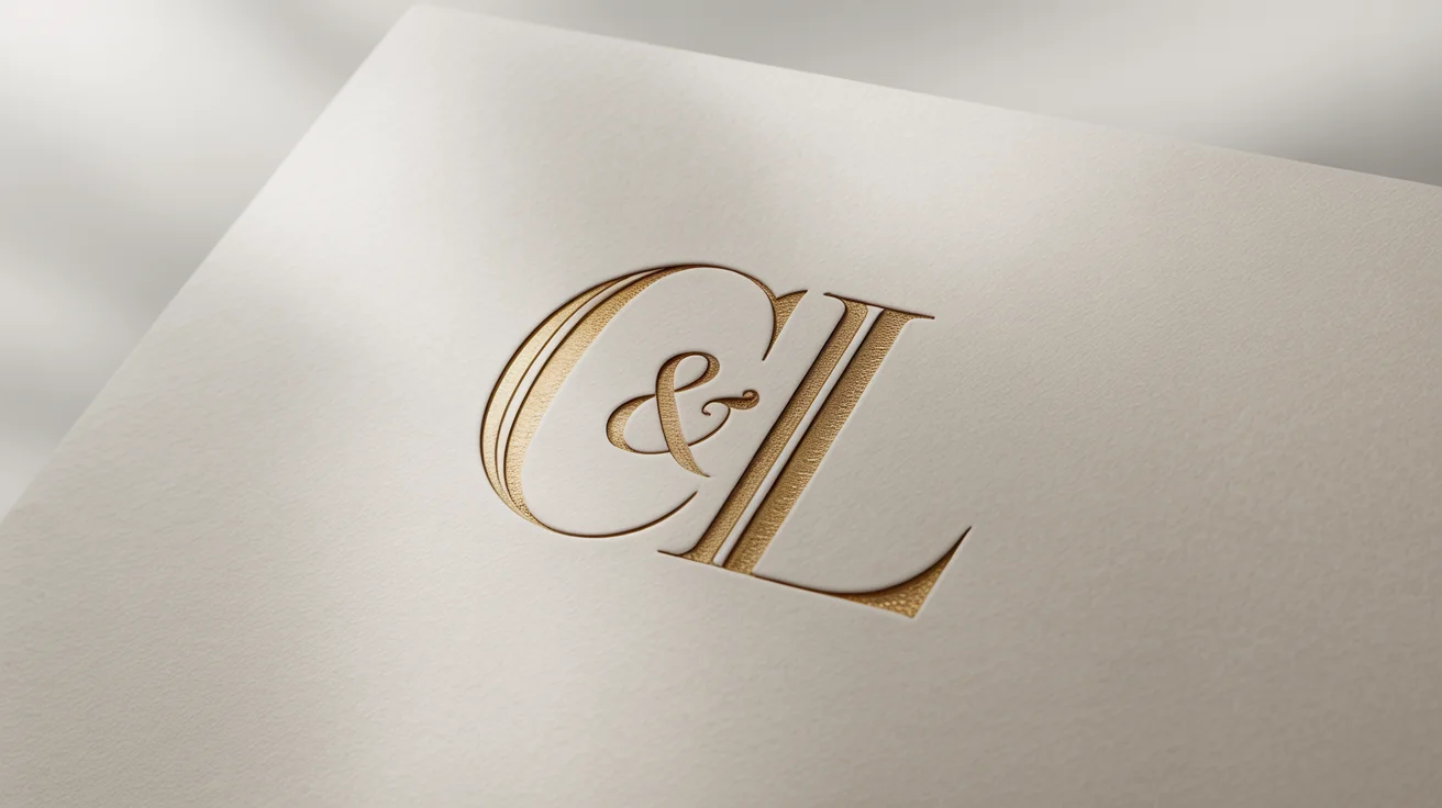 A luxurious initial logo mockup with the letters 'C' and 'L' intertwined in gold foil, embossed on a textured, off-white card against a plain white background.