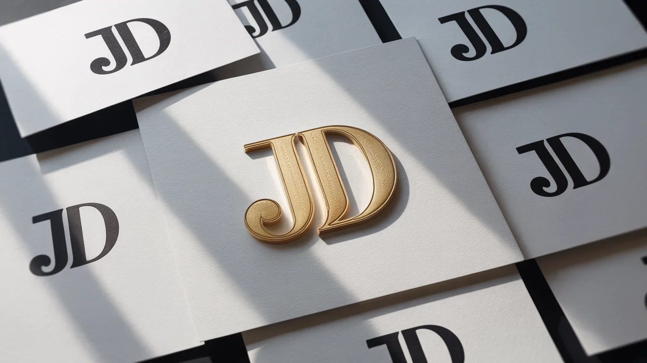 A central, elegant gold foil monogram logo of the initials 'JD', surrounded by several alternative black ink design variations, all displayed on a clean white background.
