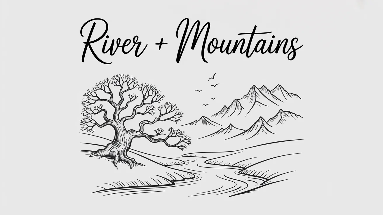 A finished black and white line drawing of a mountain and river landscape, showing the result of a design tool. The text 'river + mountains' is written at the top.