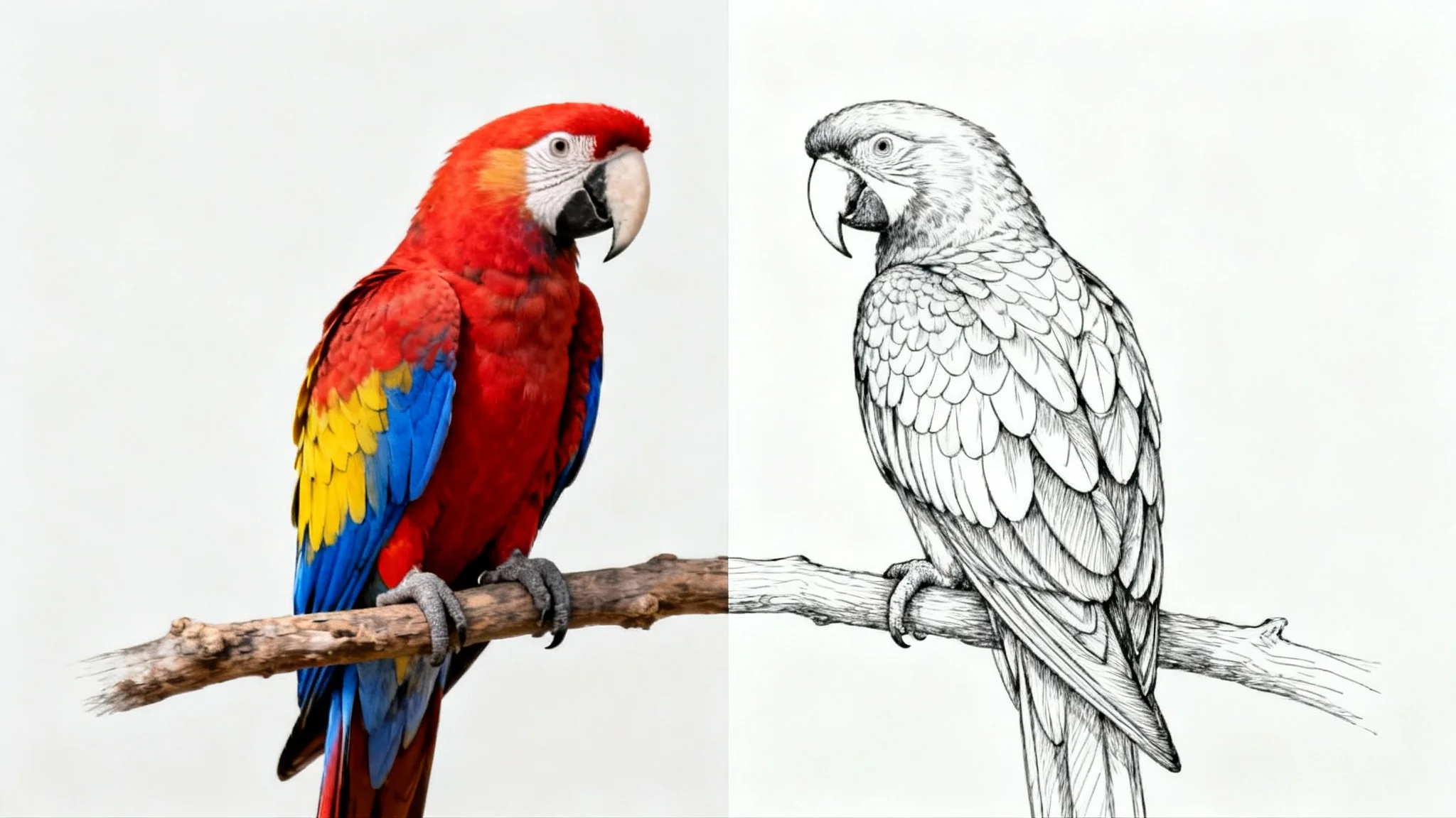 A split image demonstrating a color drawing of a parrot being converted into a black and white line drawing, set against a plain white background.
