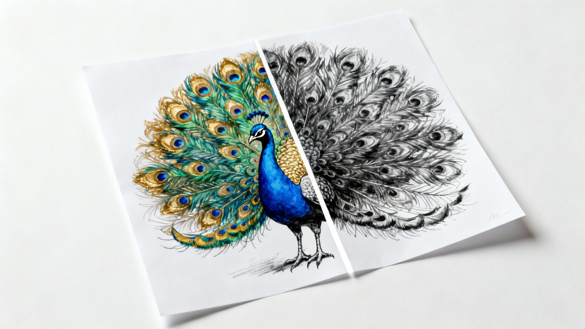 An illustration of a peacock is split in half. The left side is in full vibrant color, and the right side is in high-contrast black and white, demonstrating a color-to-monochrome conversion.