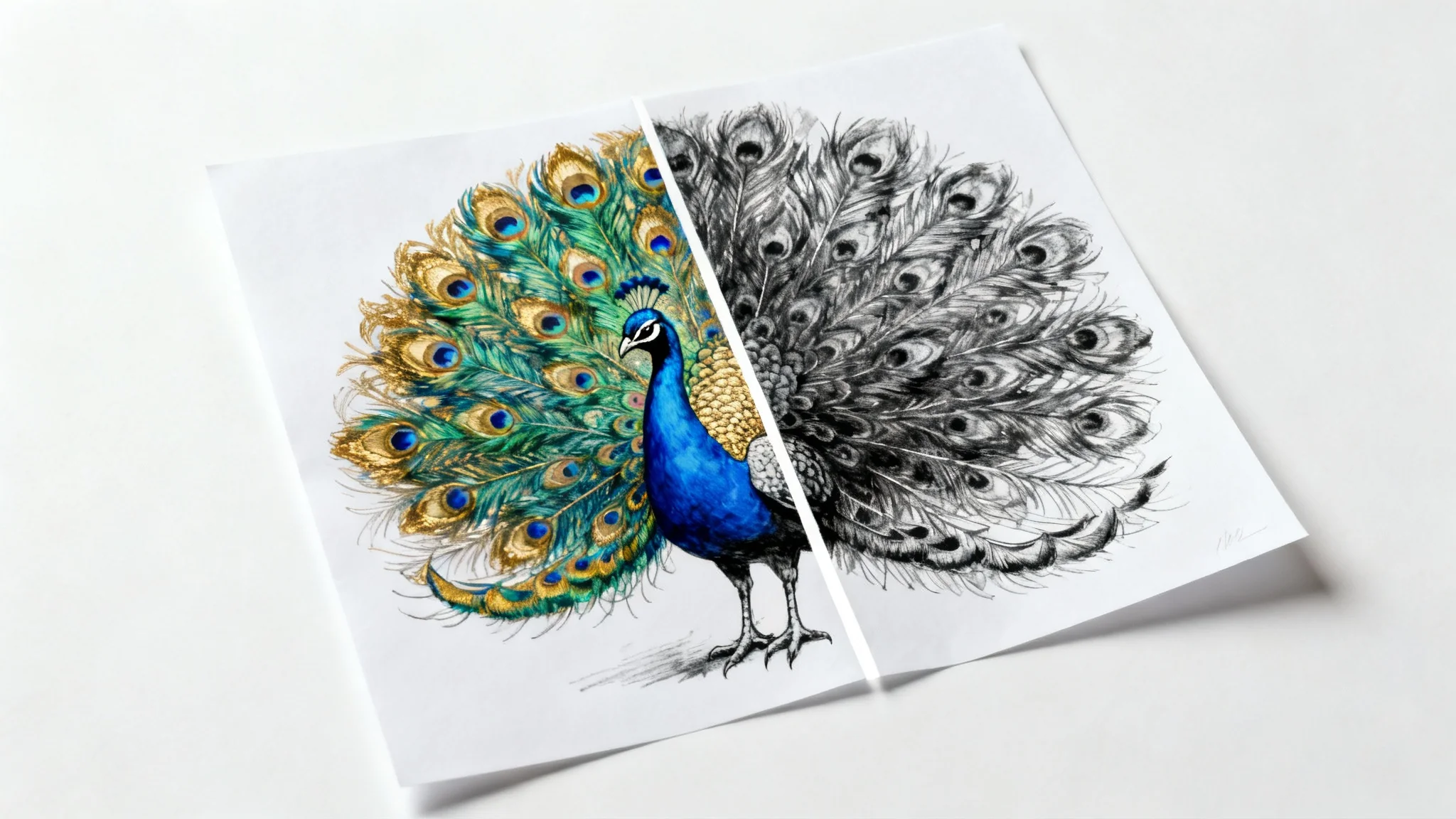 An illustration of a peacock is split in half. The left side is in full vibrant color, and the right side is in high-contrast black and white, demonstrating a color-to-monochrome conversion.