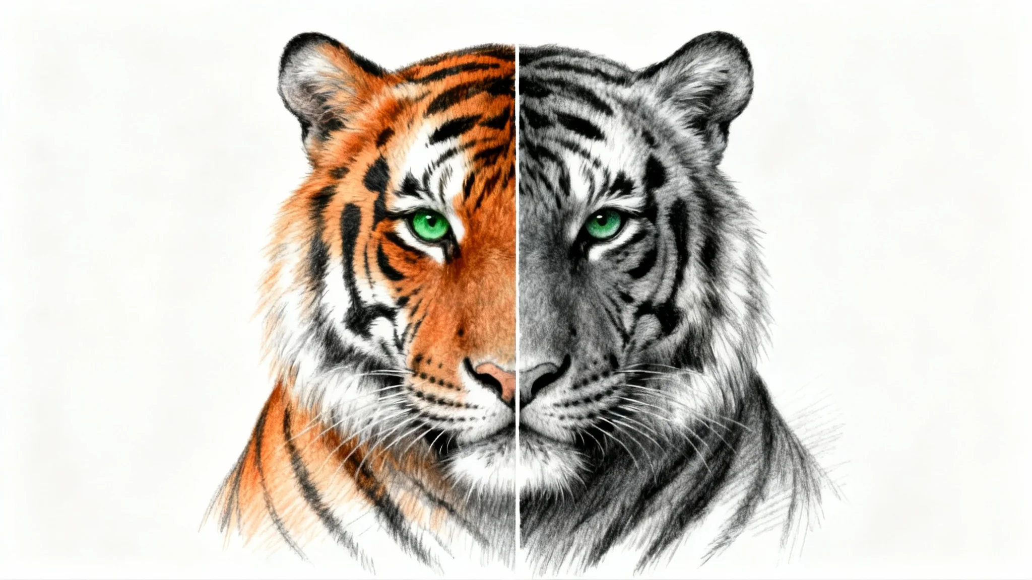 An artistic mockup illustrating a color-to-monochrome conversion. The image shows a tiger drawing split in half: the left side is in full color, and the right side is in black and white.
