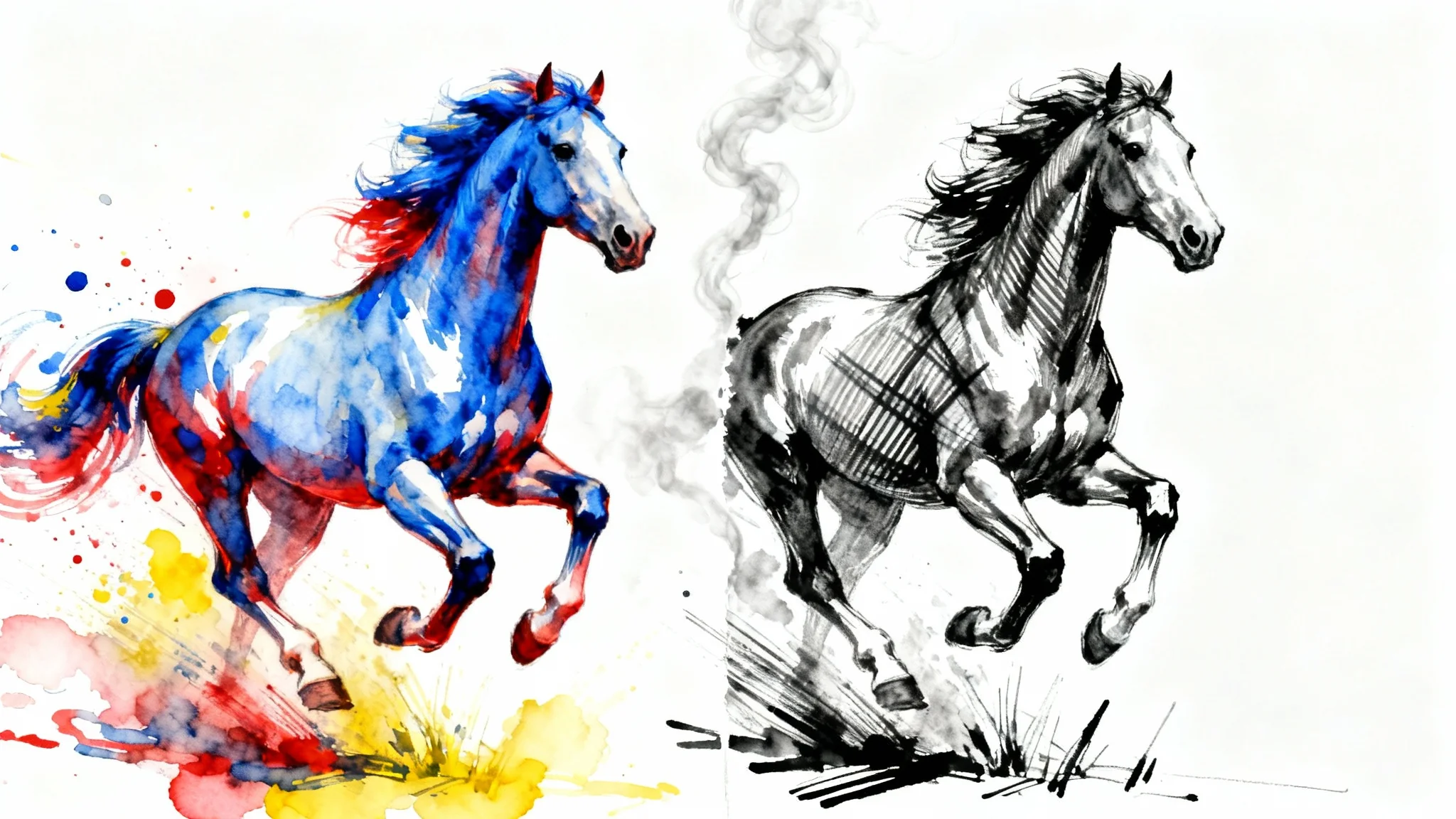A split-style image showing the transformation of a drawing. The left side features a vibrant, colorful watercolor of a galloping horse, while the right side shows the same horse as a detailed black and white ink sketch.