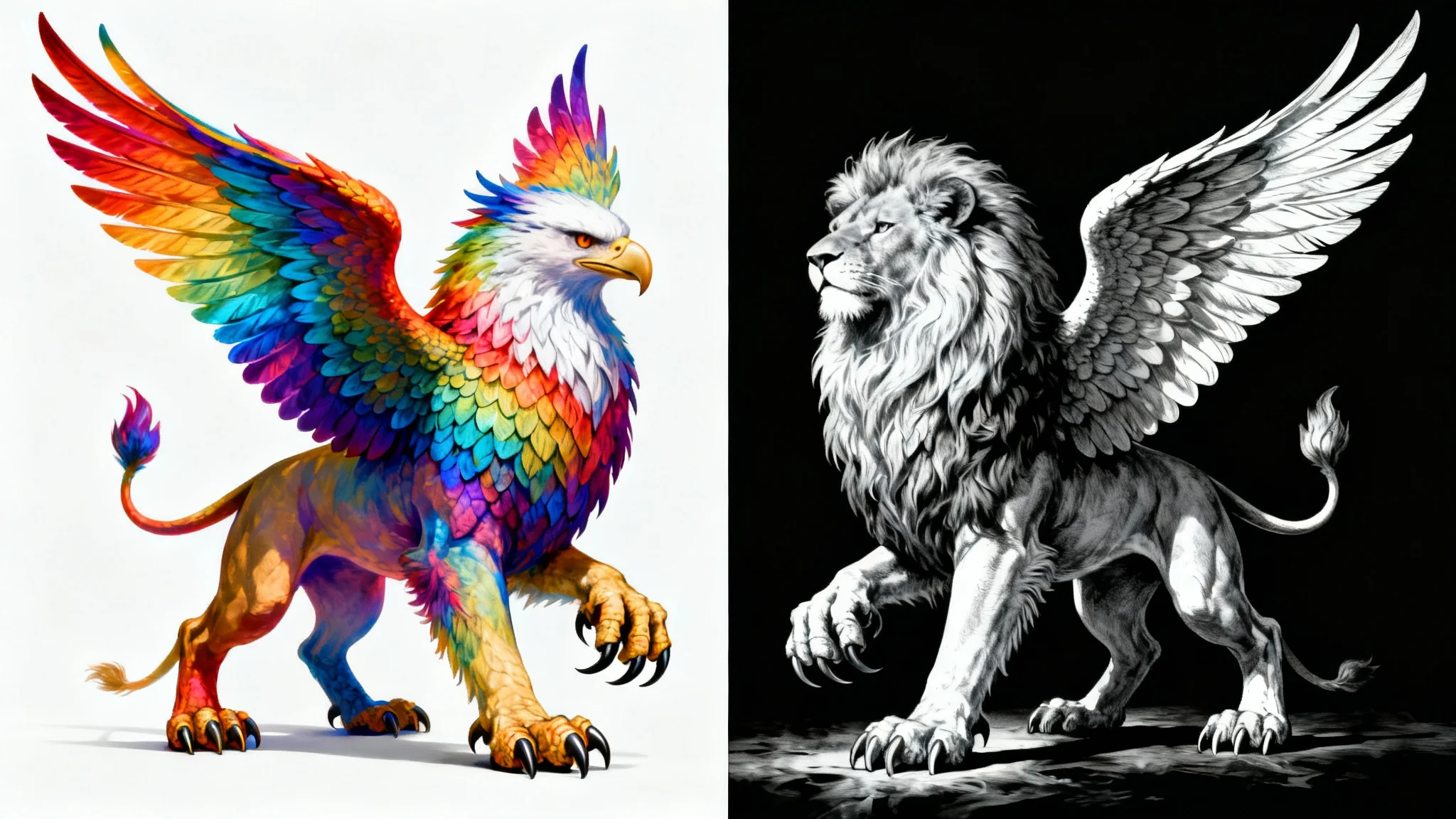 A split image demonstrating a color drawing being converted to black and white. The left side shows a vibrant, colorful drawing of a griffin, and the right side shows the same drawing in high-contrast monochrome.