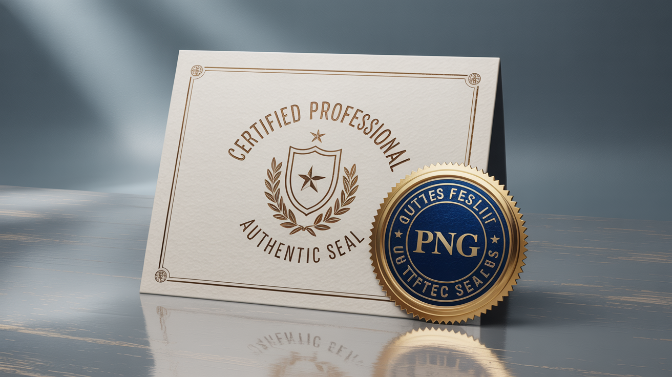A professional navy blue and gold 'CERTIFIED PROFESSIONAL' seal overlaid on an official certificate, demonstrating the use of a transparent PNG file on a document.