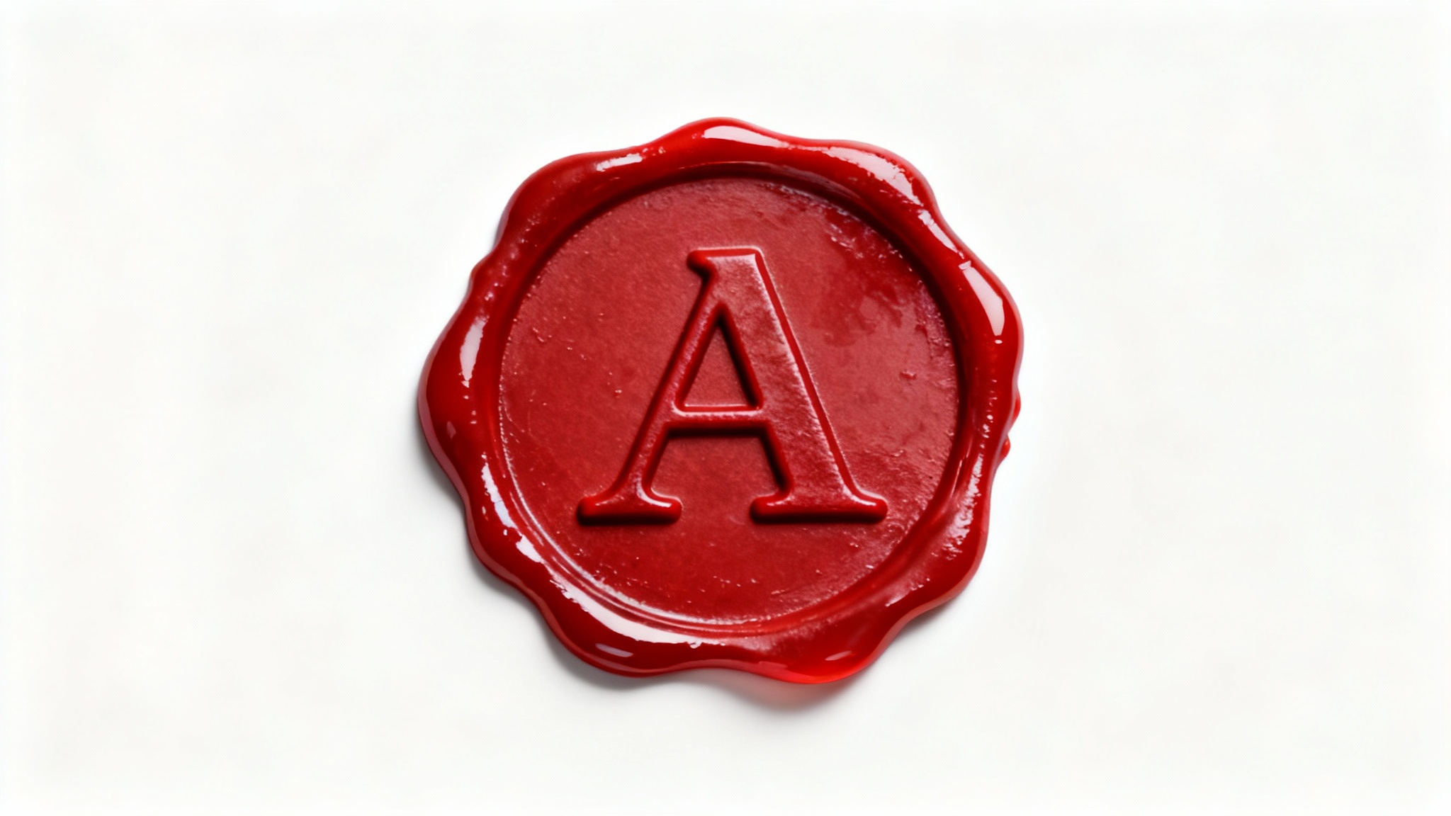 A photorealistic image of a classic crimson red wax seal with the letter 'A' embossed on it, shown against a solid white background to represent a transparent PNG file.