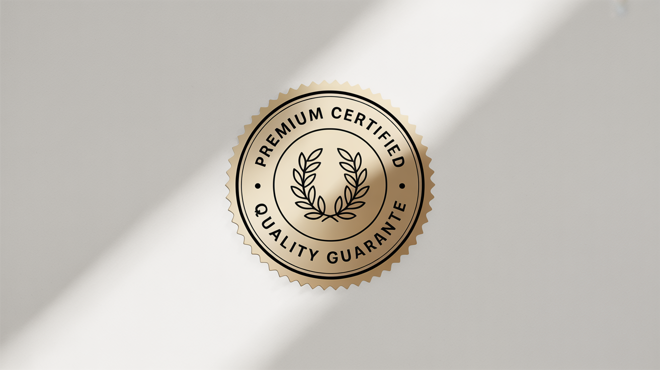 A photorealistic mockup of a gold foil circular seal on a white background. The seal features serrated edges and the text 'Premium Certified Quality Guarantee' surrounding a laurel wreath.