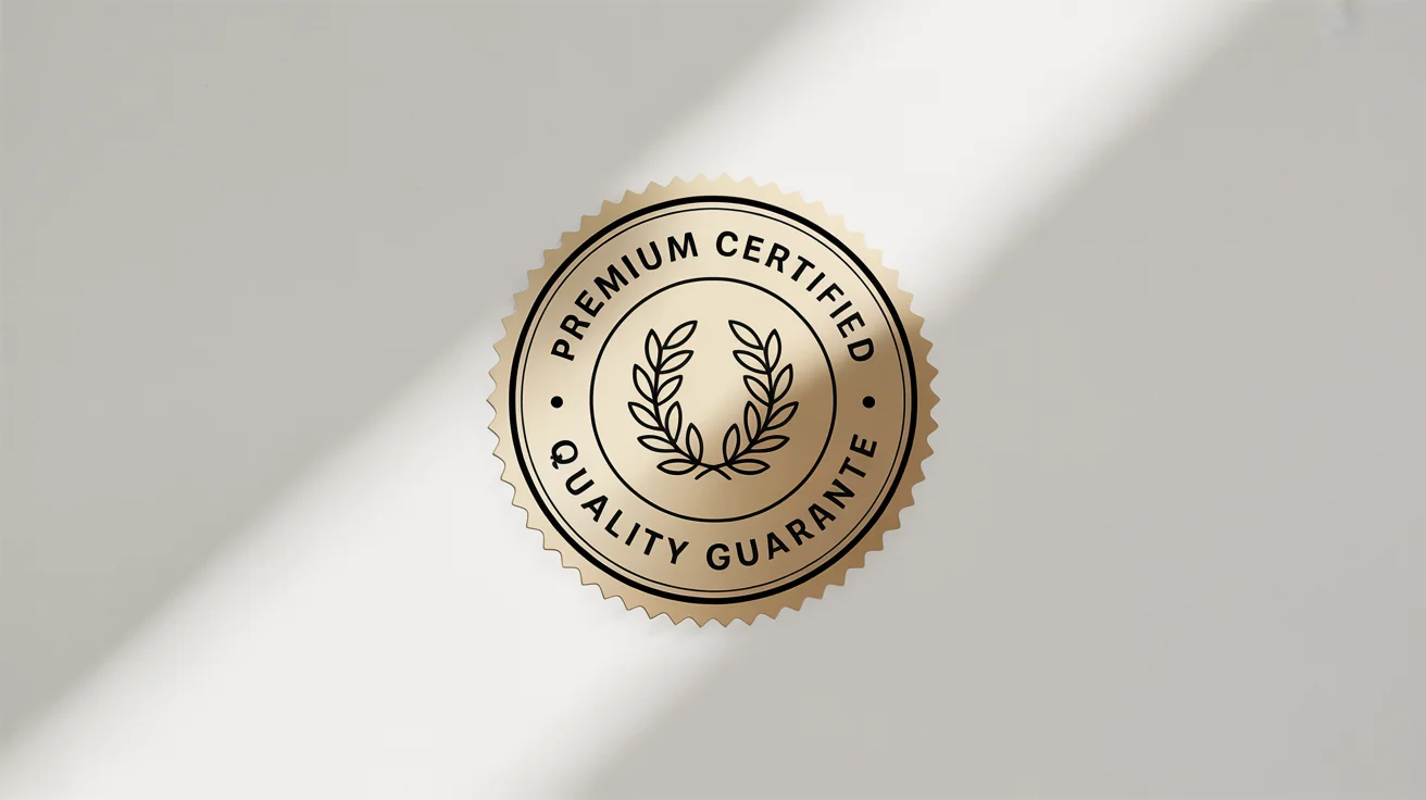 A photorealistic mockup of a gold foil circular seal on a white background. The seal features serrated edges and the text 'Premium Certified Quality Guarantee' surrounding a laurel wreath.