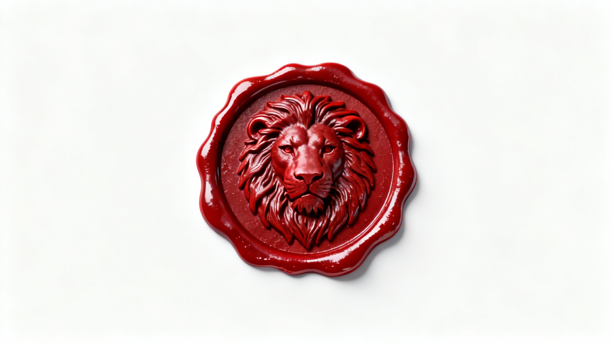 A photorealistic mockup of a detailed, deep red wax seal featuring an embossed lion head, shown on a clean white background to represent a transparent PNG file.